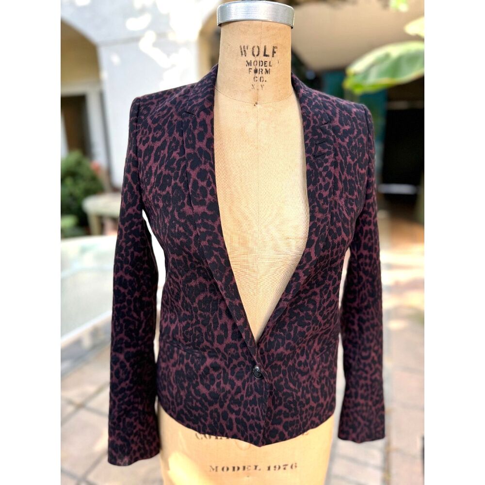 The Kooples Burgundy Red & Black Leopard Print Fitted Jacket Size FR 34 = US XS